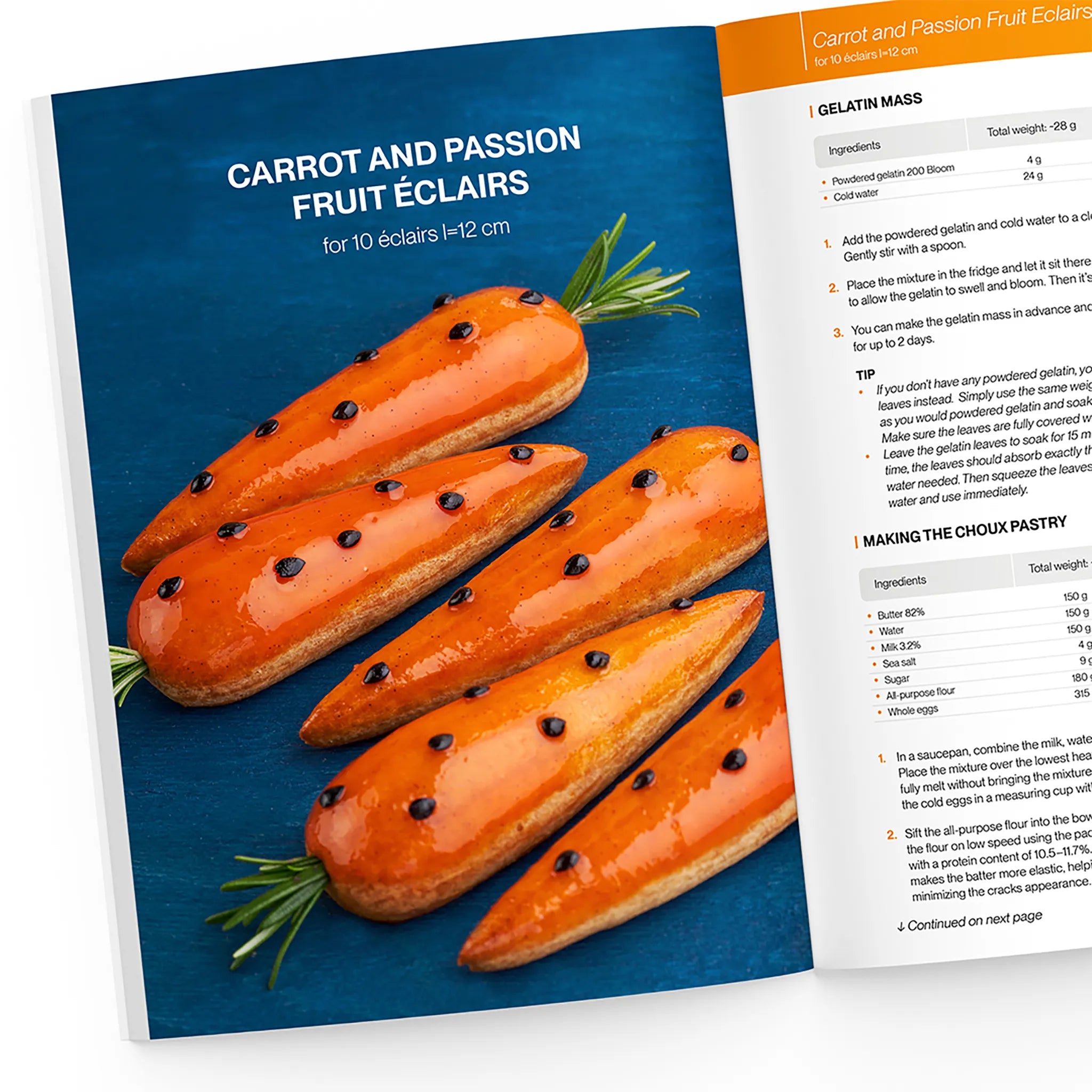 carrot and passion fruit eclairs
