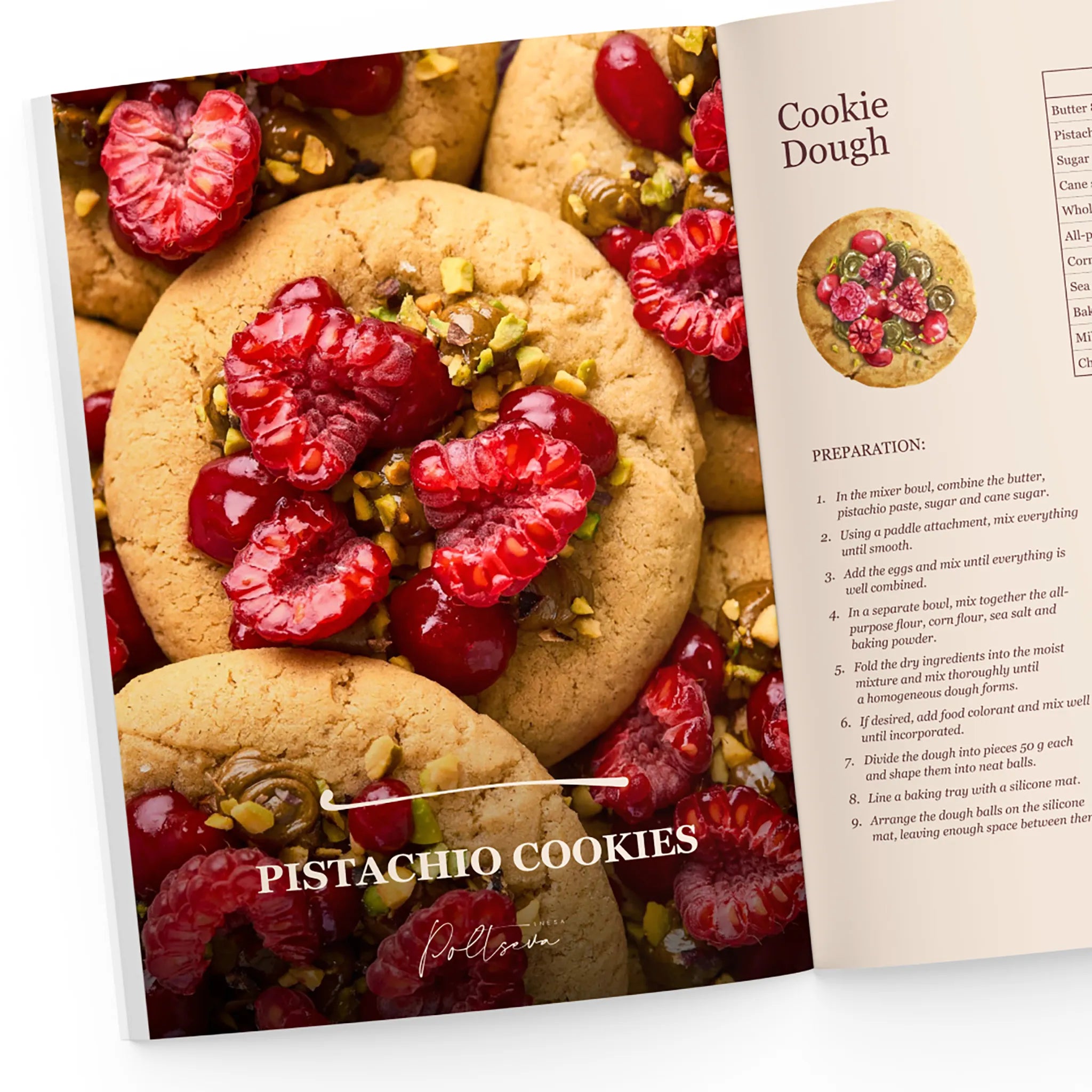 Pistachio cookies with raspberries