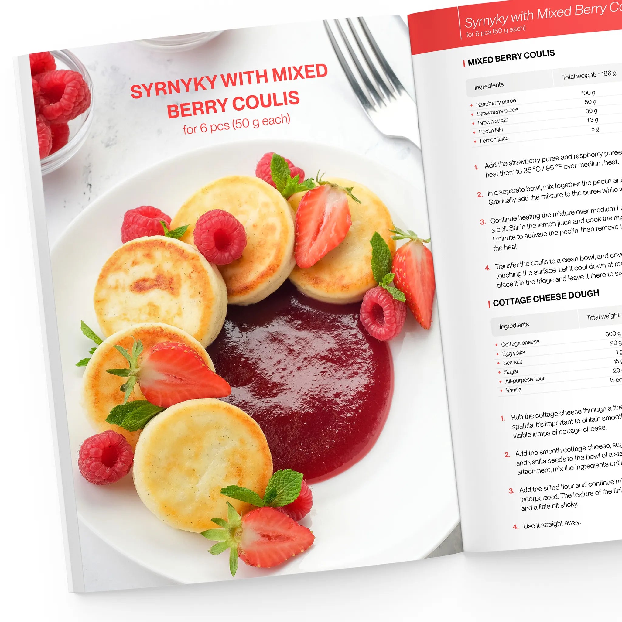 syrnyky with mixed berry coulis