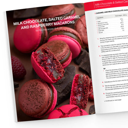 milk chocolate, salted caramel, and raspberry macarons