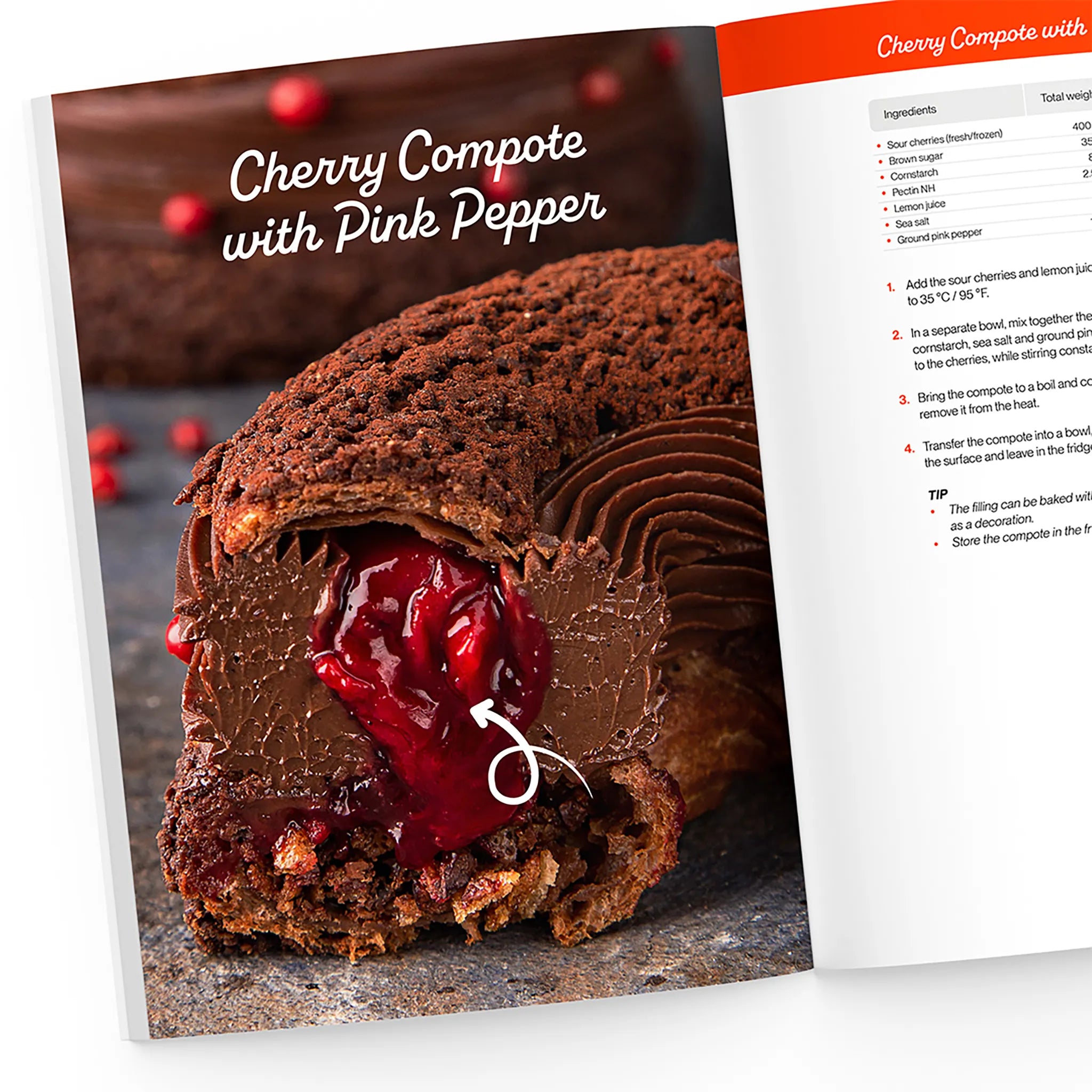 Chocolate cake with cherry compote